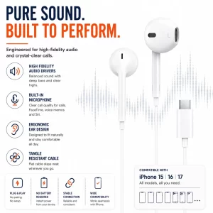 Buy iPhone Type C Earphones — Wired USB C Earphones for iPhone 15 to iPhone 17 Pro Max