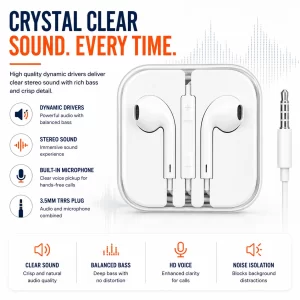 Earphones 3.5mm Aux — 3.5mm TRRS plug, clear stereo sound, multiple silicone ear tip sizes
