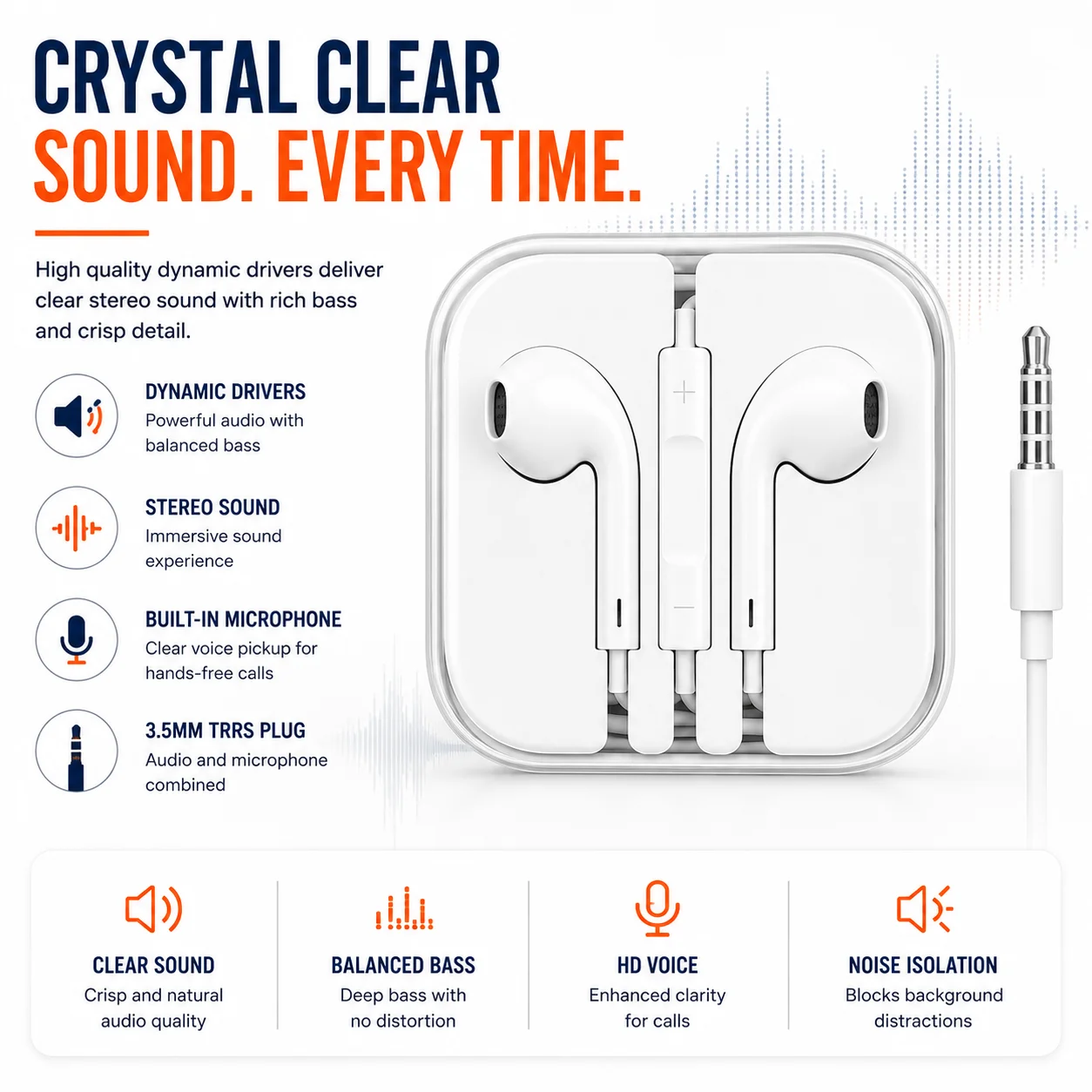 Earphones 3.5mm Aux — 3.5mm TRRS plug, clear stereo sound, multiple silicone ear tip sizes