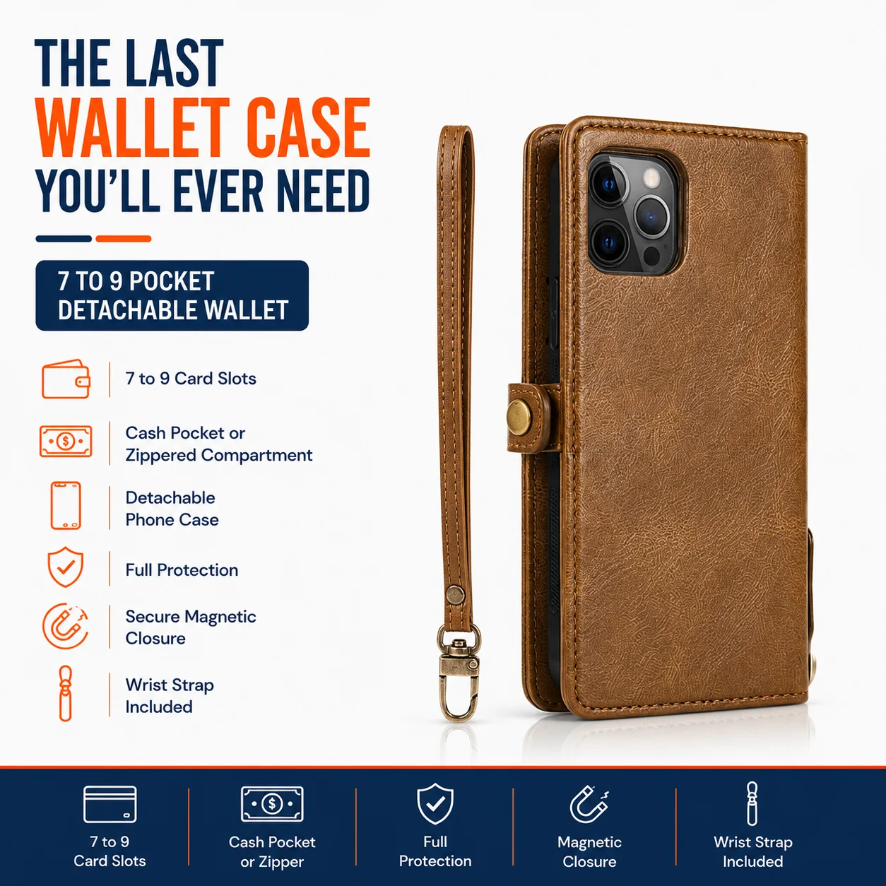 7 to 9 Pocket 2-in-1 Detachable Wallet Case – Magnetic Closure with Kickstand & Wireless Charging - Image 2