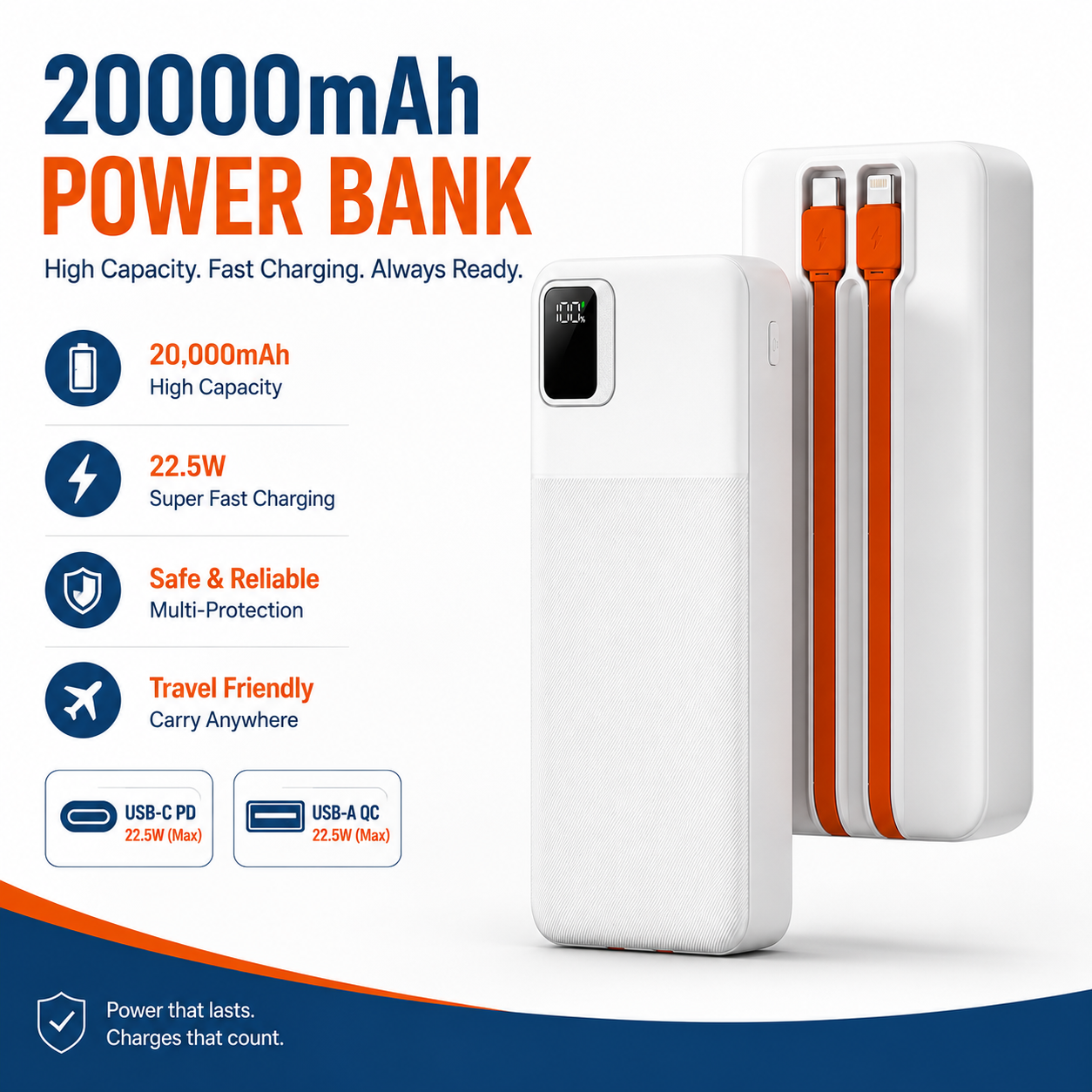 Buy 20000mAh Power Bank – 22.5W Fast Charging with Digital Display & Multi-Device Support