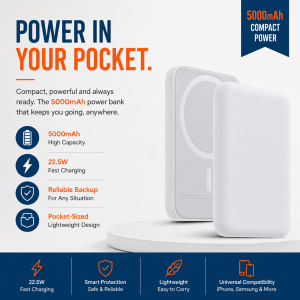 5000mAh Power Bank — Compact, Fast Charging, 5000mAh lithium polymer cell, 2.4A fast charging