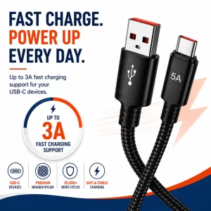 USB to Type C Cable — Up to 3A fast charging support, 20,000 bend cycles, USB 2.0