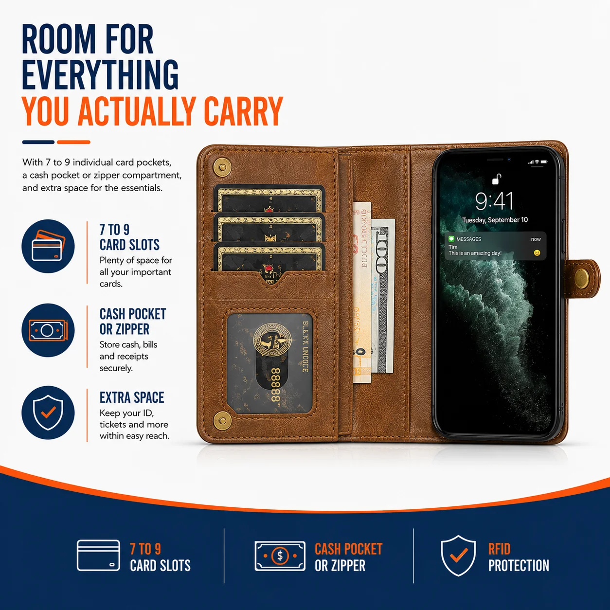 7 to 9 Pocket 2-in-1 Detachable Wallet Case – Magnetic Closure with Kickstand & Wireless Charging - Image 3